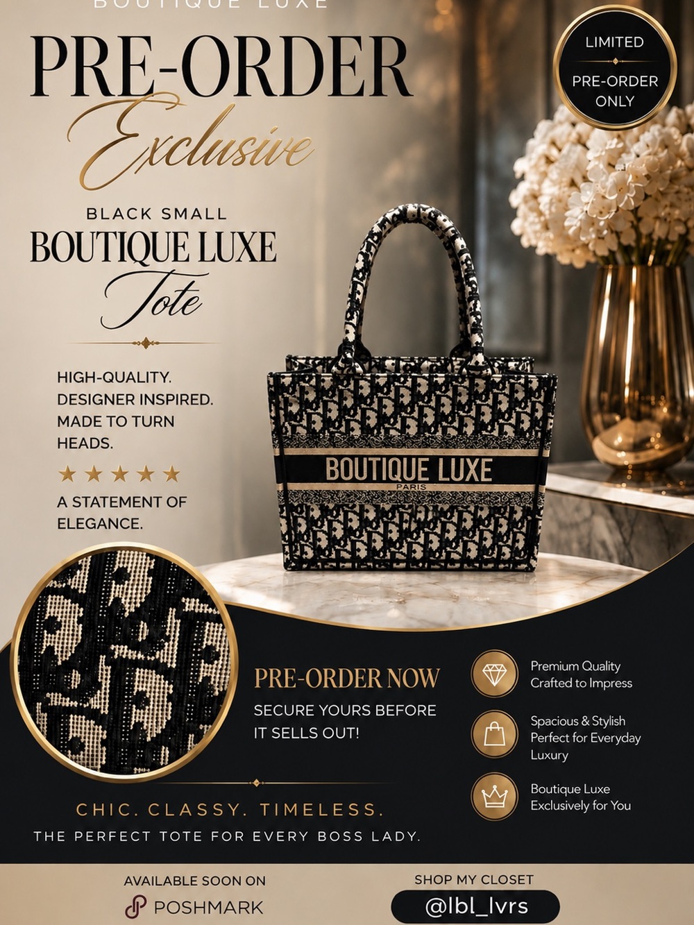 Boutique Luxe Inspired | Small Black & Cream Logo Tote